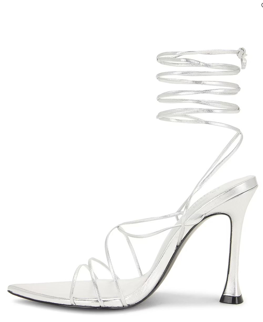 Camila Coelho Metallic Silver Wrap Sandal SIZE 9 Stiletto Heel Gladiator Party